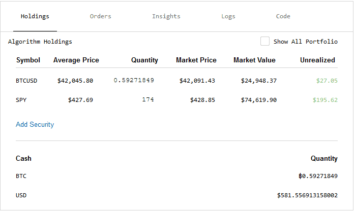 Live holdings table